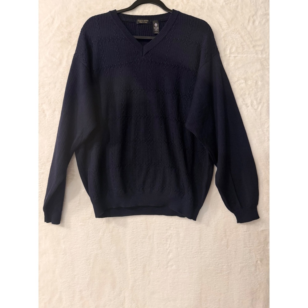 Cellinni Mens Navy Blue 100% Merino Wool V-Neck Sweater Made in Italy Large